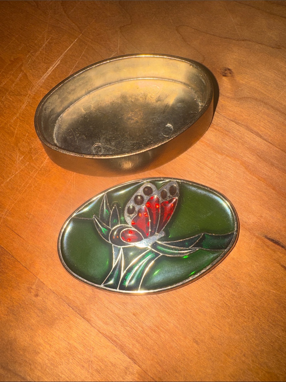 Oval Enamel Butterfly Trinket Box - Green & Red